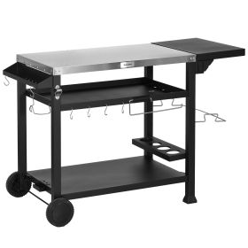 Outsunny Outdoor Grill Cart with Foldable Side Table, 46" x 21.75" Multifunctional Stainless Steel Pizza Oven Stand with Three-Shelf
