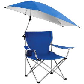 Foldable Beach Chair with Detachable Umbrella Armrest Adjustable Canopy Stool with Cup Holder Carry Bag for Camping Poolside Travel Picnic Lawn Chair (Color: Blue)